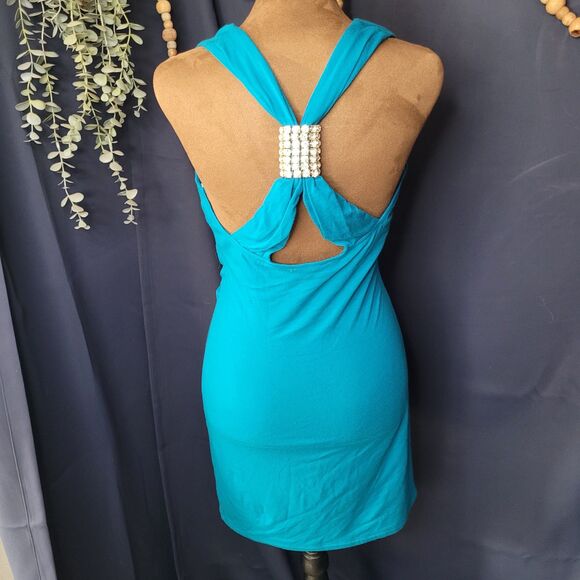 Sexy Teal Short Dress with Front Drape, Racerback Tank Style Size Large - Picture 4 of 6
